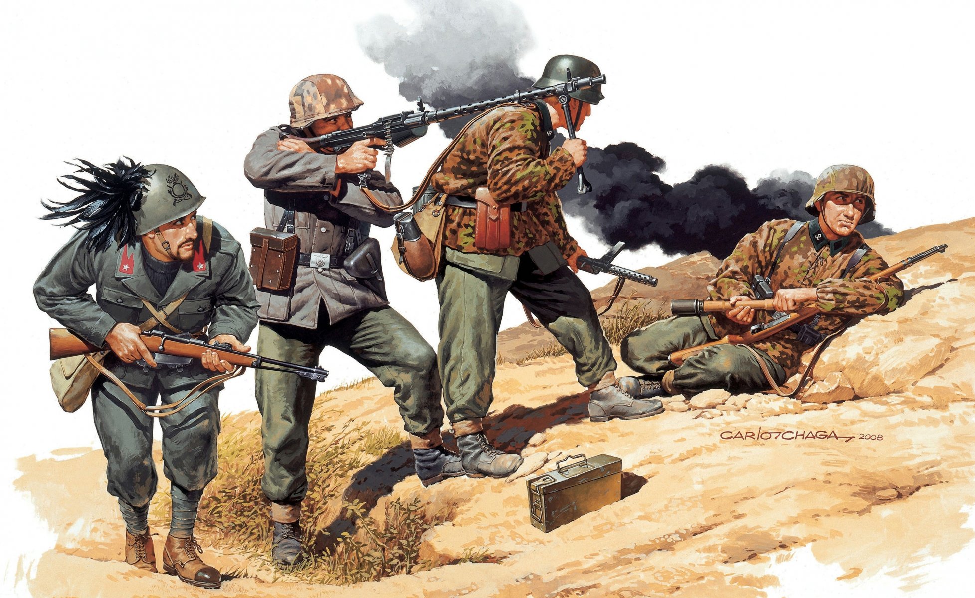 arte yugoslavia 1944god soldados alemán italiano armas ametralladoras rifle municiones camuflaje segunda guerra mundial dibujo