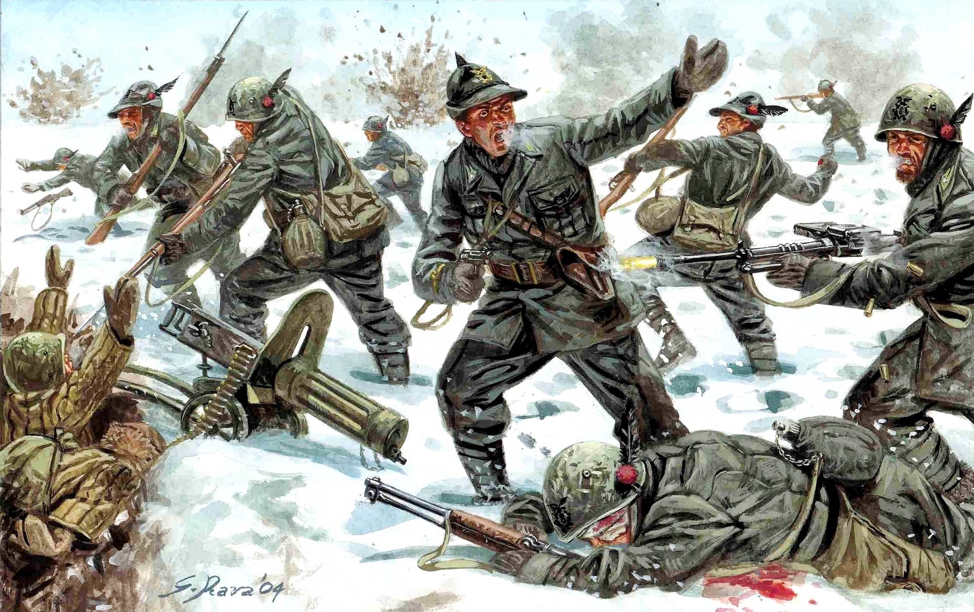 art combat attaque soldats uniformes armes hiver neige guerre soviéto-finlandaise 1939-1940gg dessin