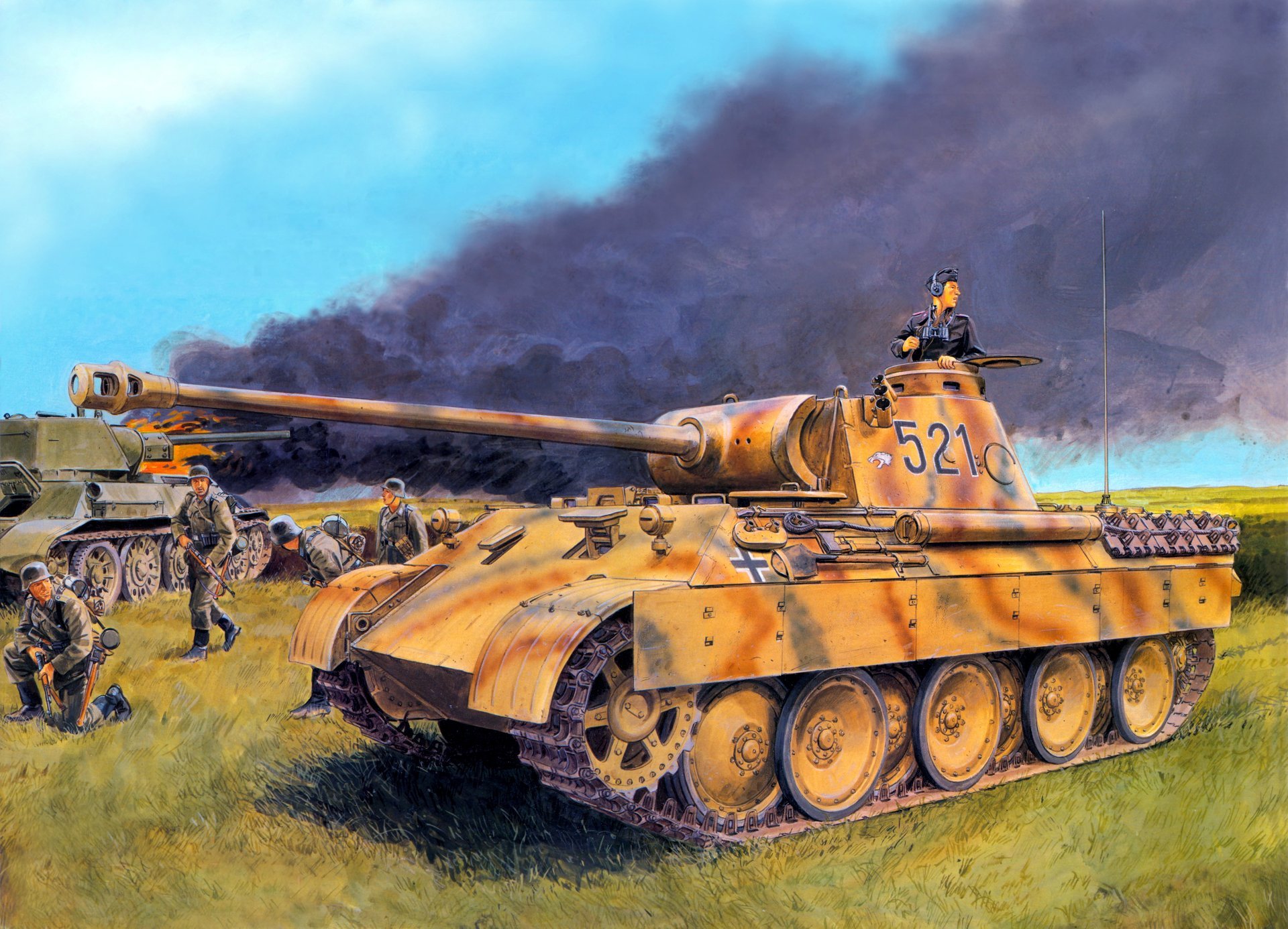 arte campo tedesco soldati tedesco carro armato pantera panzerkampfwagen v fuoco fiamma fumo che brucia t-34-76 grande guerra patriottica