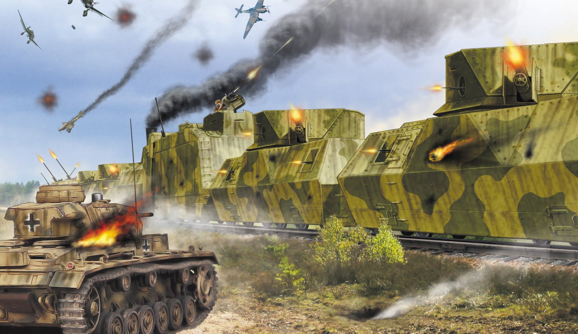 arte tren blindado acero fortaleza ejército rojo batalla por control sobre nódulo estación fueron especialmente feroz derribado alemán tanque pz.kpfw . iii aviones yu-87 urss segunda guerra mundial ww2 artista valery petelin