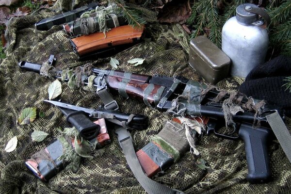 Armas y parafernalia militar en el bosque