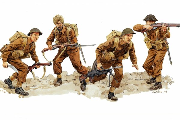 Dibujo del equipo y las armas de los soldados en la batalla de Monte Cassino 1944