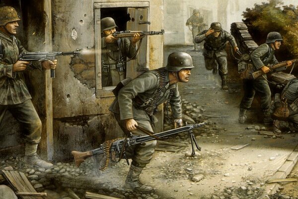 Military drawing of German soldiers running