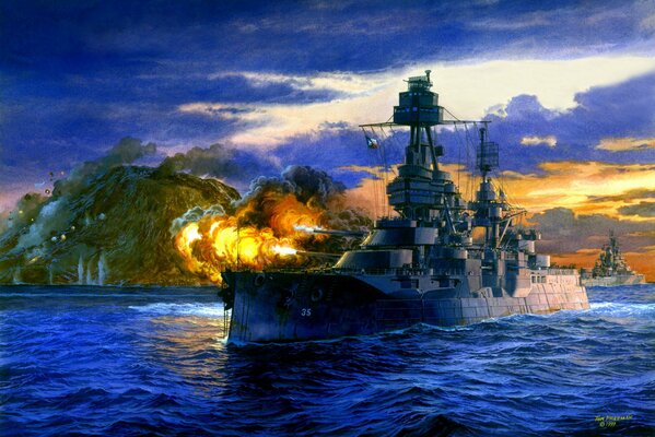 Volley fire from the battleship