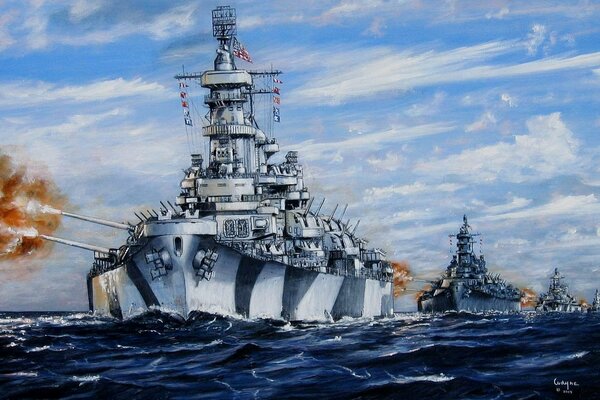 Painting of a warship at sea