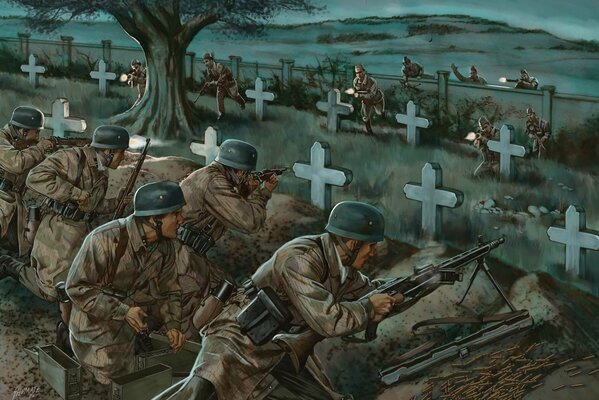 Soldados con rifles en la guerra en el cementerio