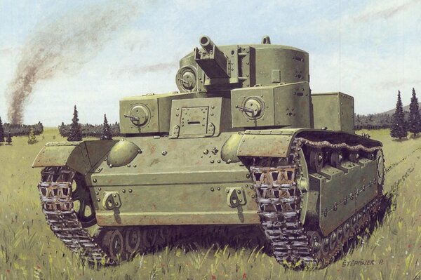 Drawing of a Soviet tank in a green field