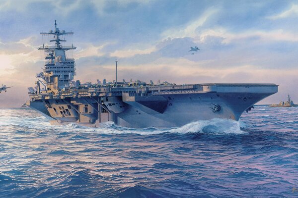 Graphic drawing of an aircraft carrier. Tom Freeman