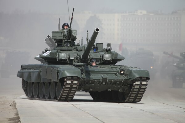 T-90 tank on concrete roads of Russia