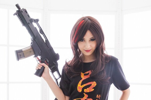 Brunette with a gun is ready to fight