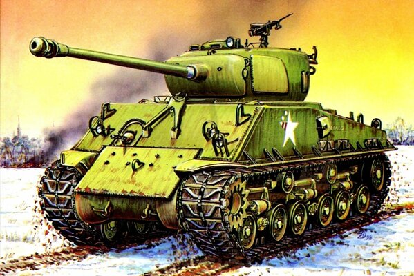 Drawing of a green tank in a winter field