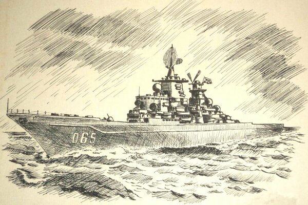 Pencil drawing of a ship at sea