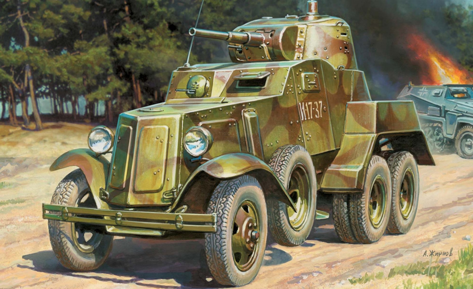 art soviet medium armored car ba-10 was developed in the design bureau Izhorsky factory 1938-1941 on reconstructed chassis truck gaz-aaa crew person caliber and brand guns 45 mm machine guns 2x7 62 mm dt-29 WWII ww2