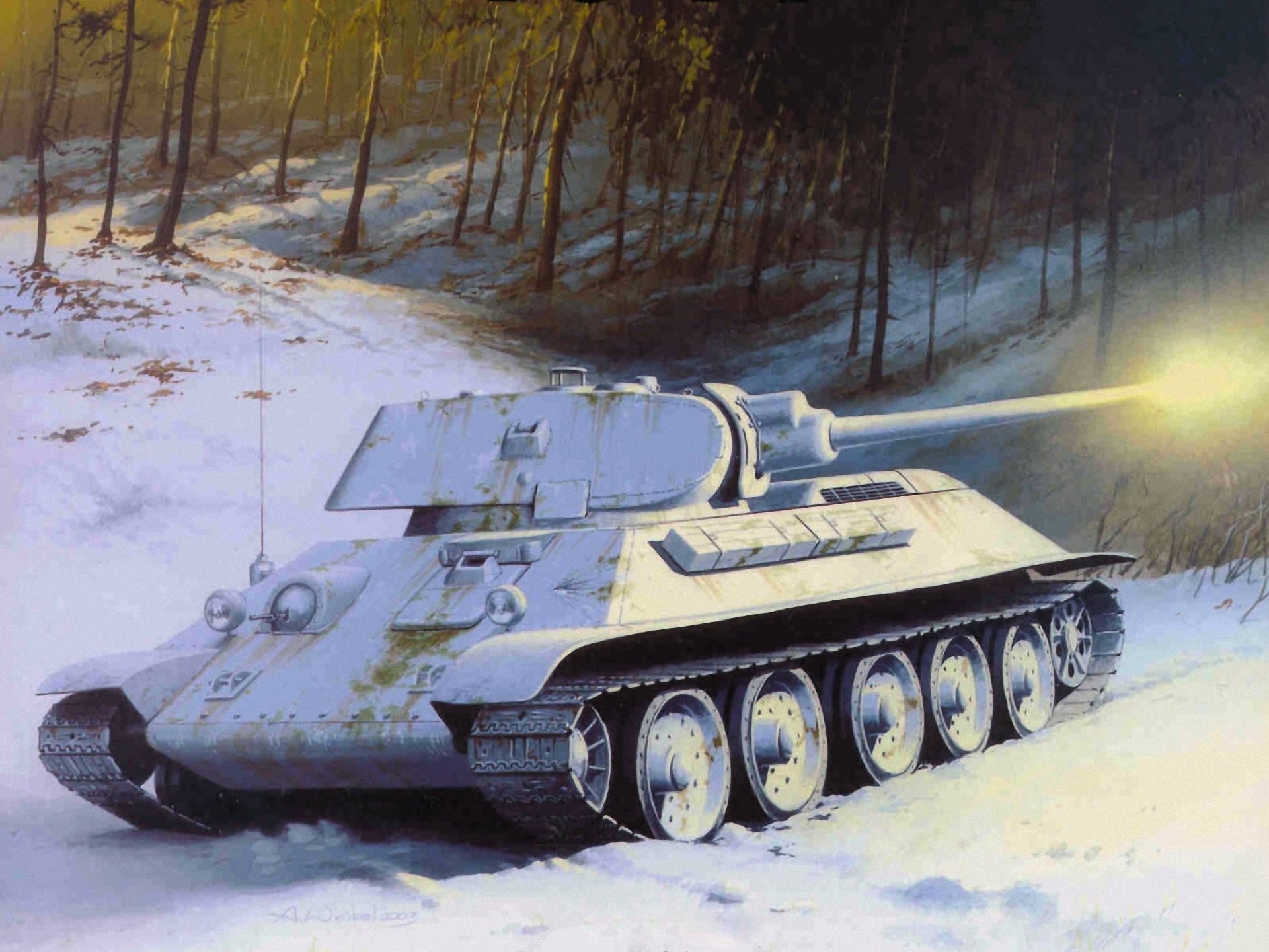 art winter snow tree t-34-76 soviet medium tank period great patriotic war white camouflage flash shot