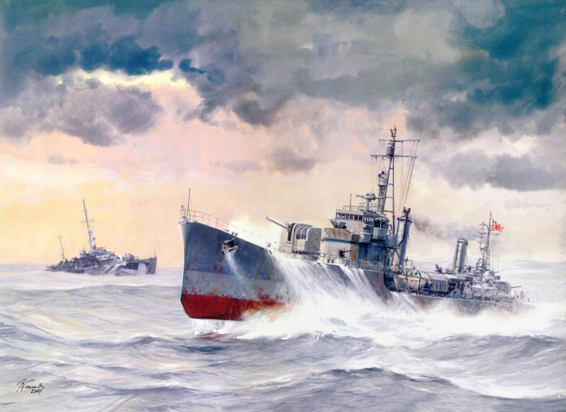 art picture raging sea waves fight between guard ship uss jaccard and destroyer ijn matsu sky clouds second world war