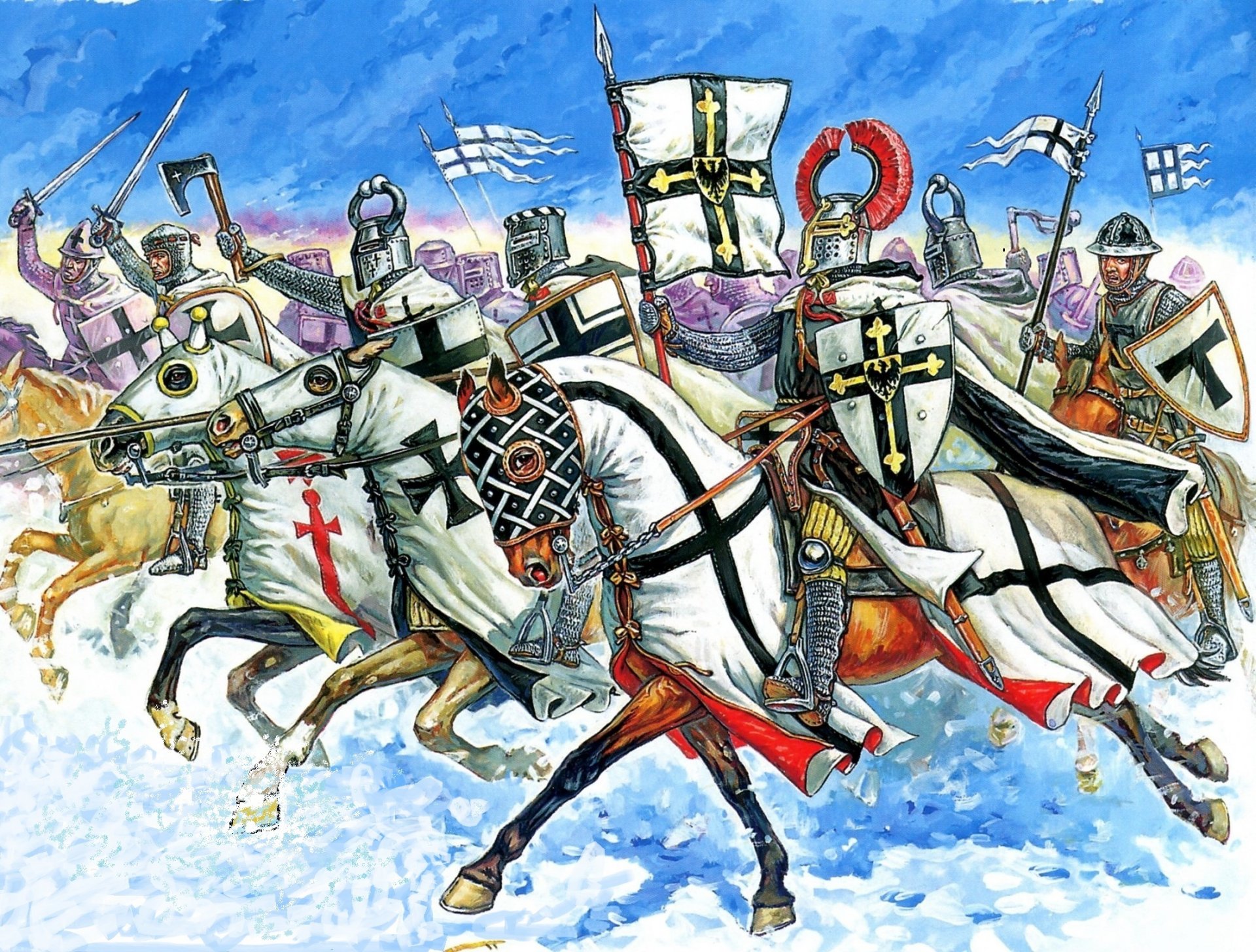 art the field winter snow attack mounted knights bearer banner character crusading teutonic symbolism chain overalls mittens liners stockings cats raincoats hats boards swords spear battle axe 13vek picture