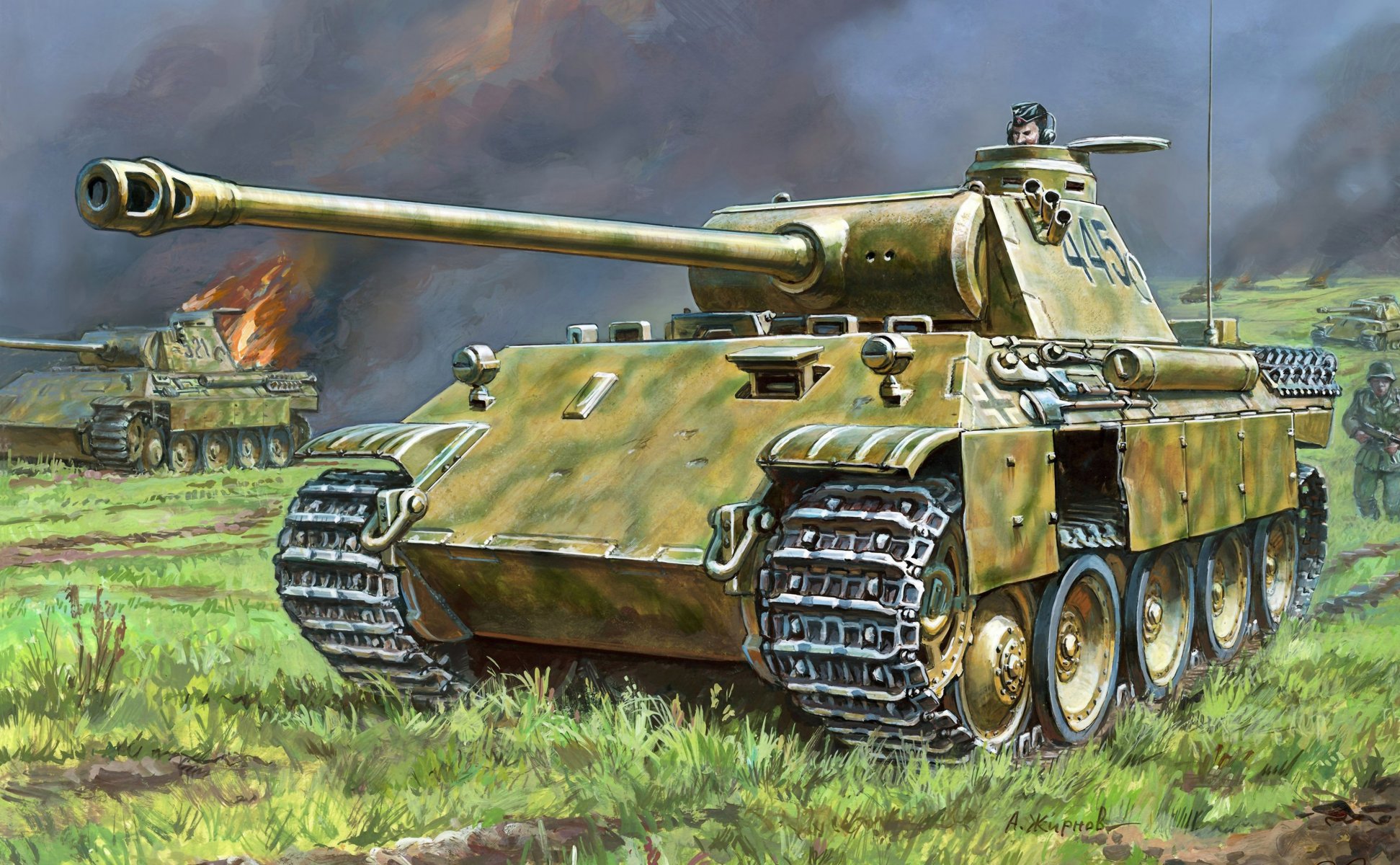 art wojna pzkpfw v panther niemieckie czołgi atak piechota ogień płomień ww2 rysunek