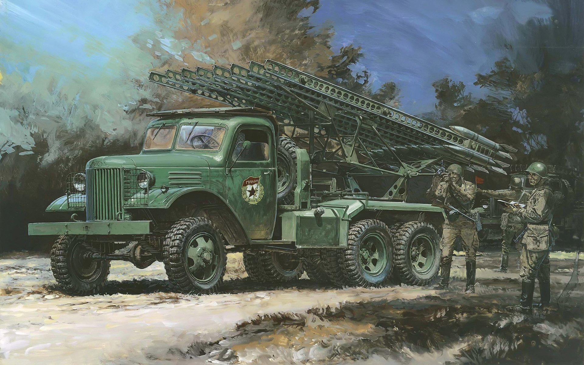 kunst zeichnung pinselstriche bm-13 katjuscha sowjetisch kampf maschine reaktiv artillerie periode ww2 nacht vorbereitung zu salve