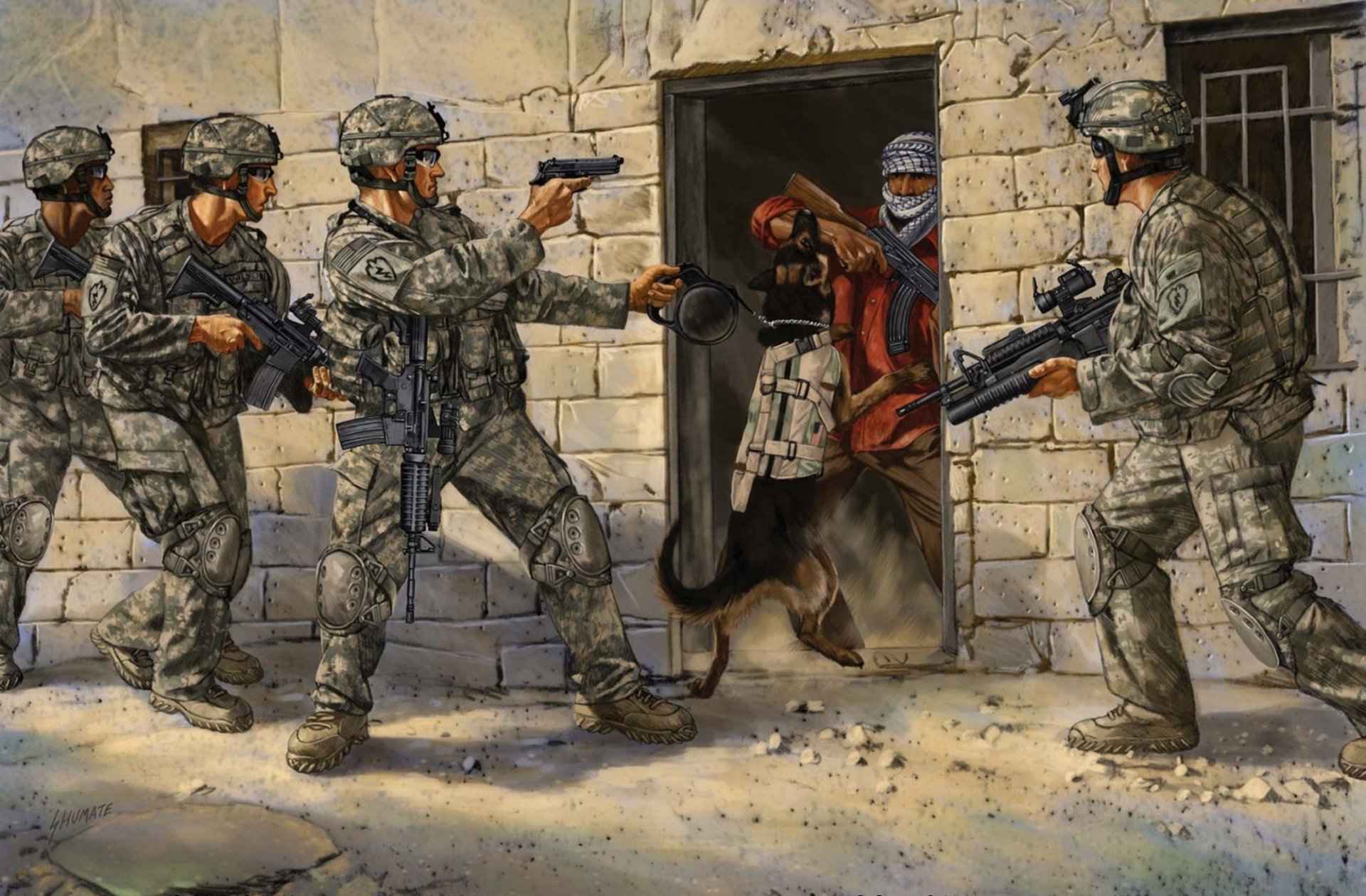 art soldats forces spéciales arme équipement chien tireur capture opération dessin