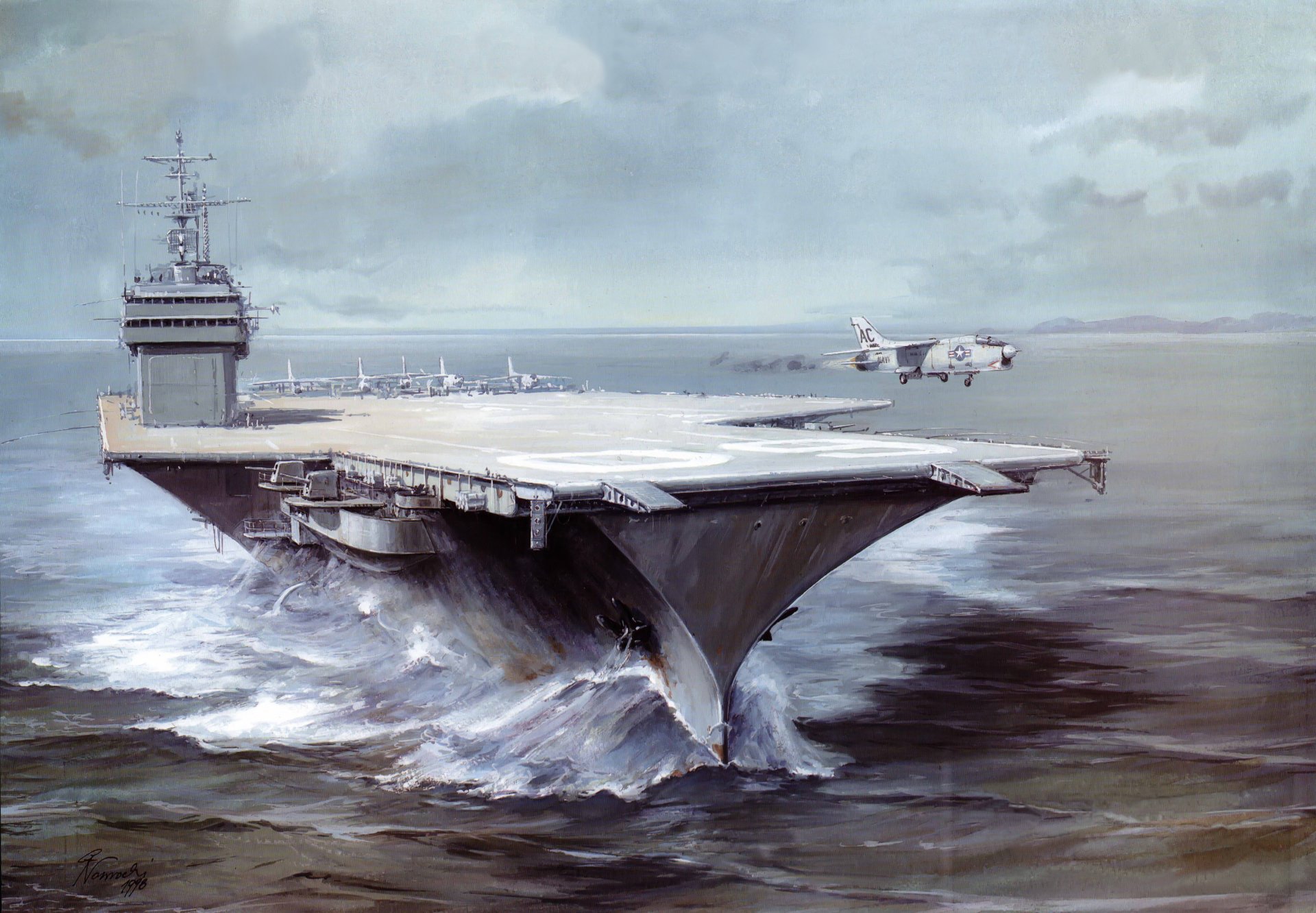 kunst zeichnung wasser mittelmeer meer wellen saratoga uss saratoga cv-60 us navy flugzeugträger f-4j verbesserte deck- mehrzweck- kampfflugzeug