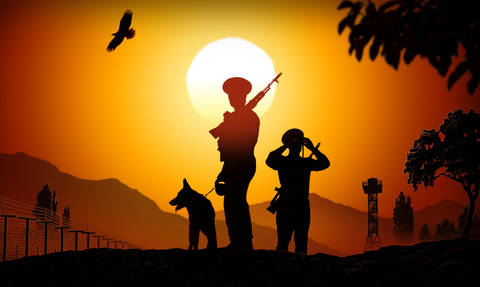 art soldiers border guards on border strip silhouettes in sunset border lock key pocket