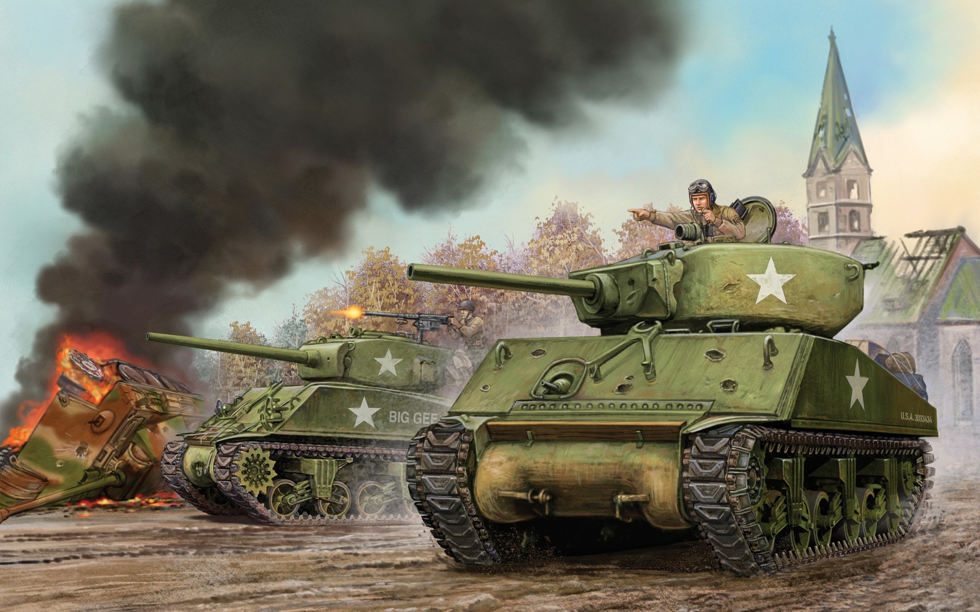 kunst tank usa angriff sherman m4a3e2 jumbo kampf flammen des krieges beschriften weltkrieg miniaturen spiel ww2