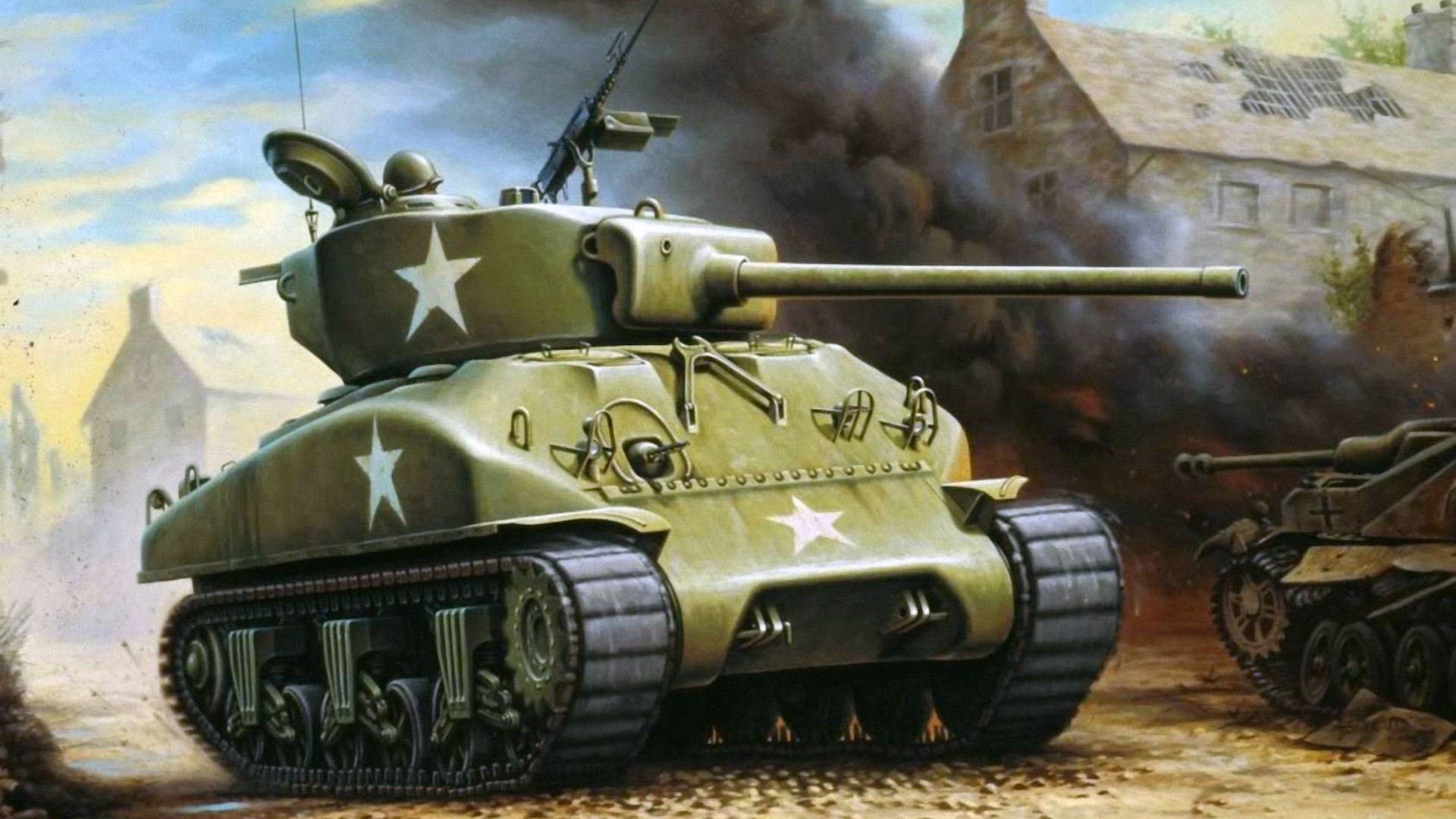 sherman carro armato m4 disegno arte guerra fumo rovina