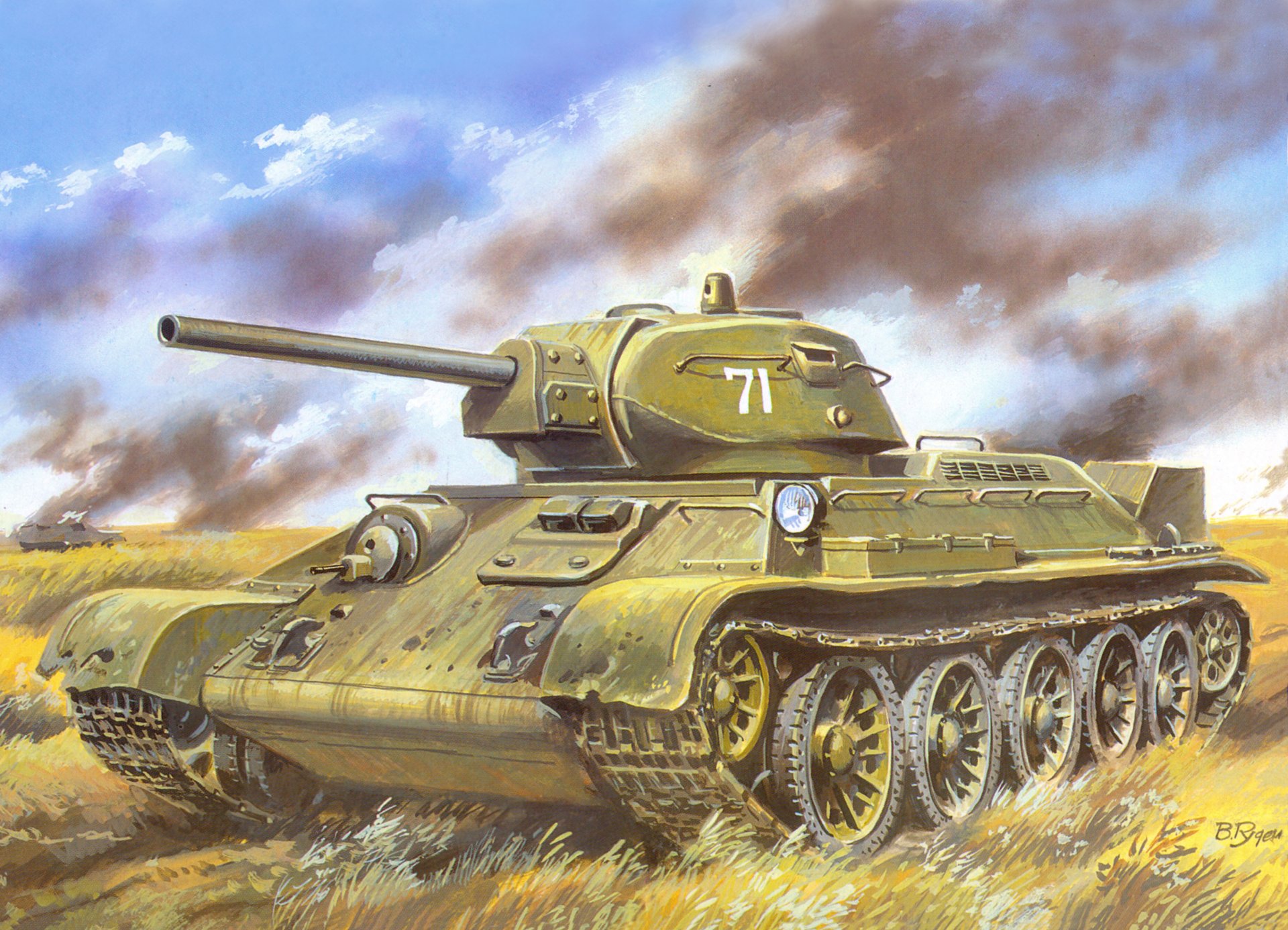 art t-34-76 modello 1941 sovietico medio serbatoio campo battaglia fumo seconda guerra mondiale disegno