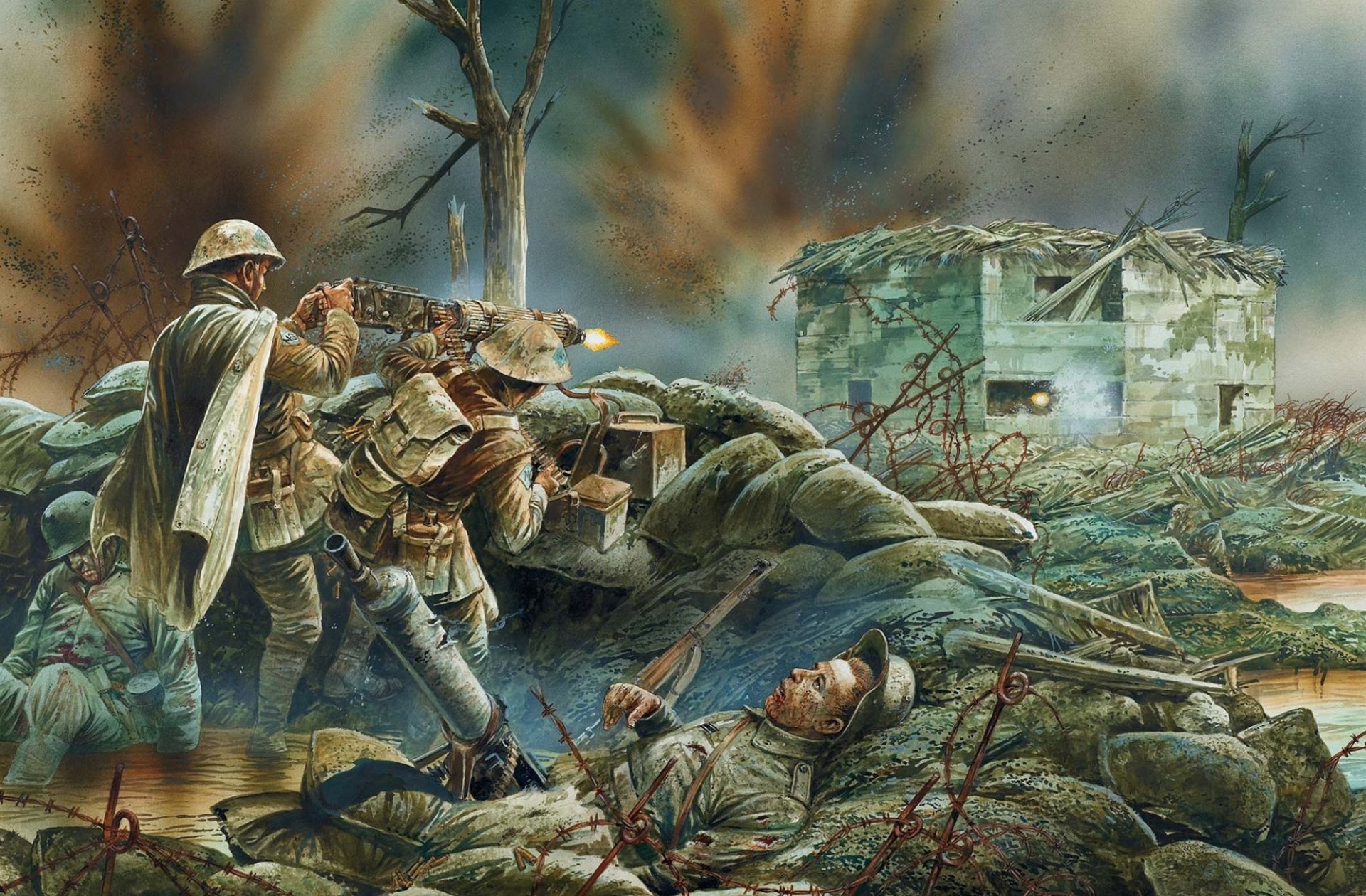 arte battaglia trincea britannico soldati equipaggiamento pesante vickers colpi tedesco posizioni esplosioni acqua fango distruzione prima guerra mondiale disegno