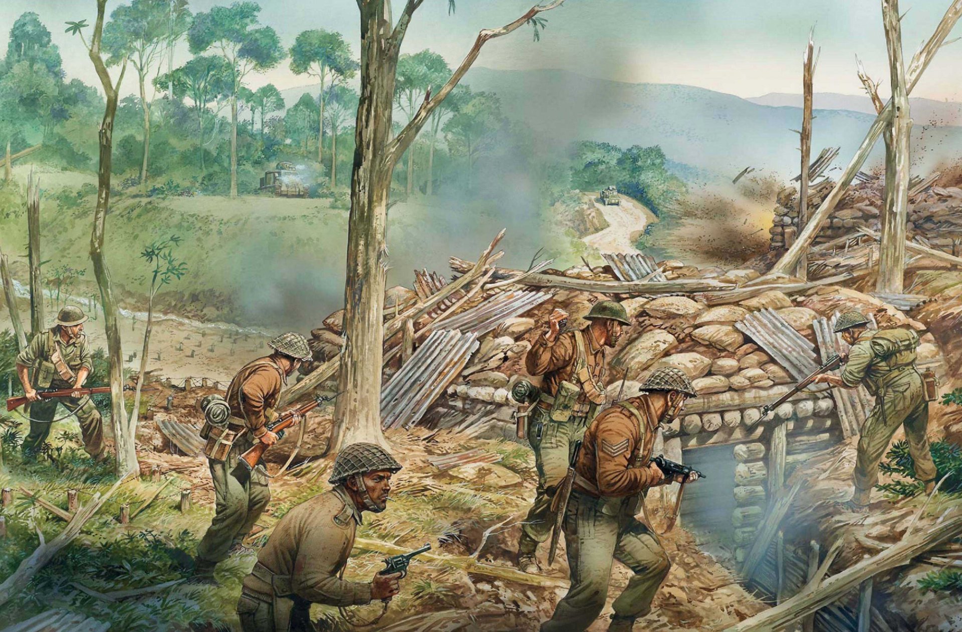 art soldiers kohima battle kwiecień 1944 przełomowa bitwa w birmańskim regionie indyjskim między brytyjską armią indyjską a japończykami okolica miasta kohima zakończyła się klęską armii japońskiej zatrzymaniem japońskiej kampanii birmańskiej z powodu przekroczenia granicy