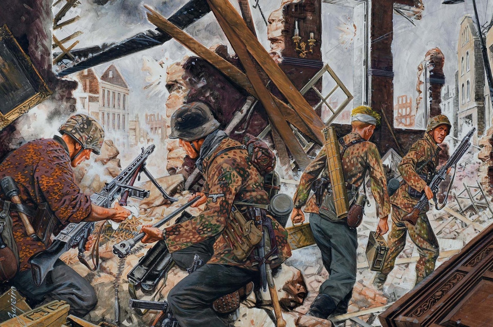 arte guerra alemán ametralladoras uniforme equipación camuflaje mg-42 ciudad casa ruinas ww2 dibujo