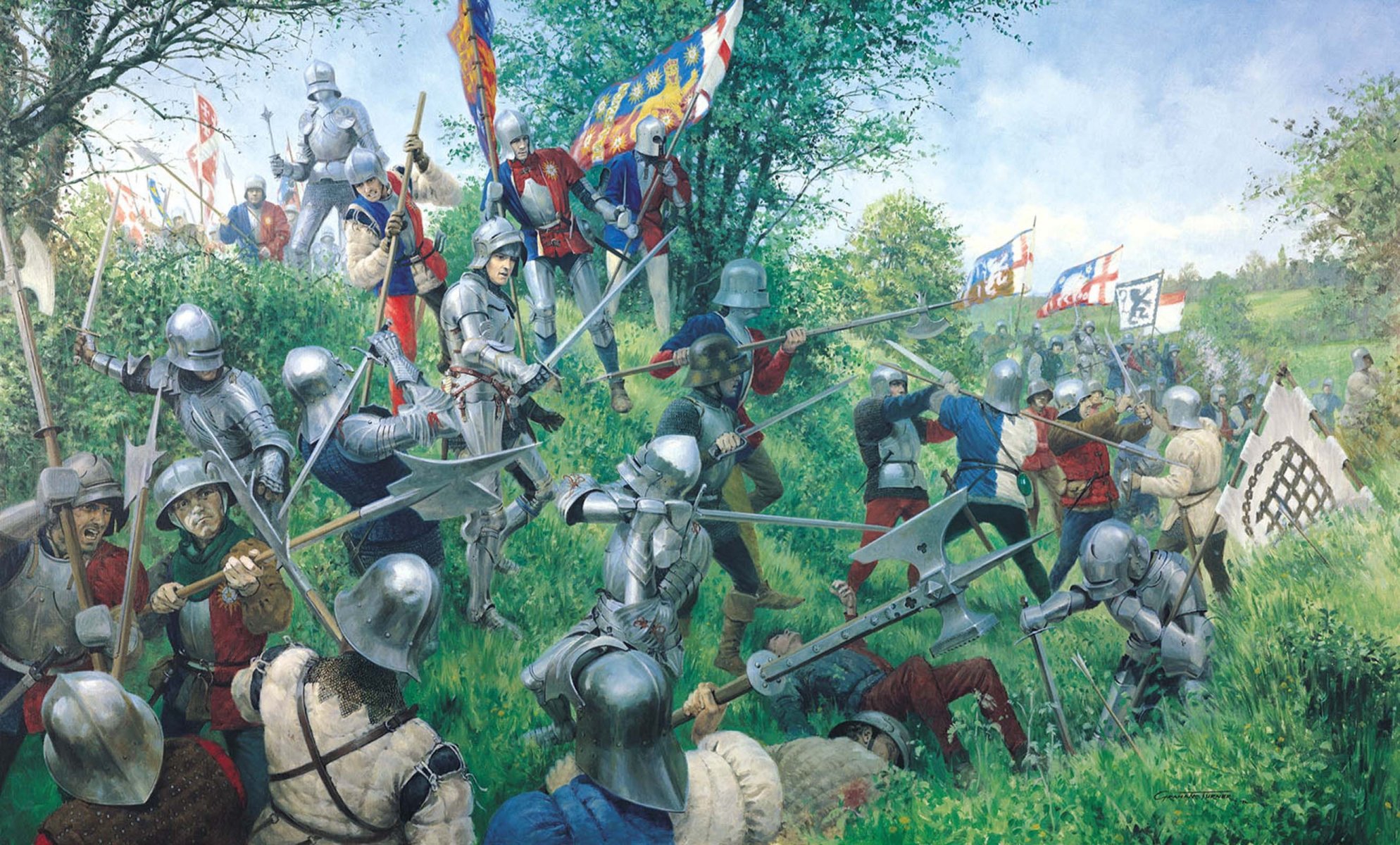 art peinture peintre graham turner la bataille de tewkesbury la bataille de tewkesbury la bataille entre les troupes de lancaster et york pendant la guerre scarlet blanc rose dans l ouest de l angleterre tenue le 4 mai 1471 s est terminée par une victoire décisive des york