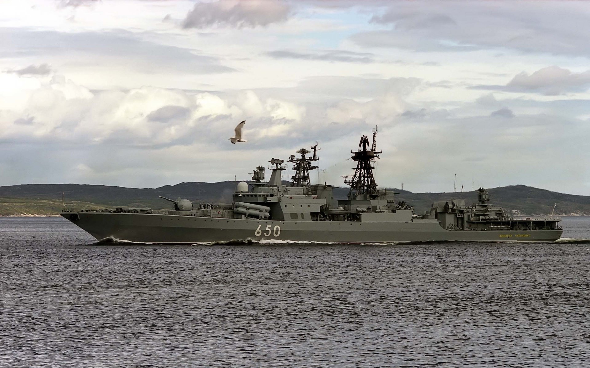 flota barco grande antisubmarino almirante chabanenko en mar gaviota cielo