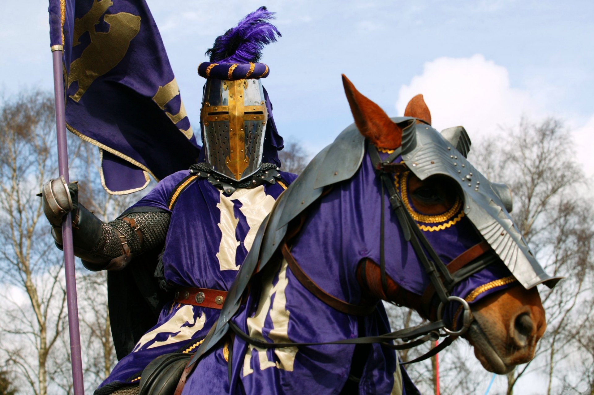 knight denote military historical club on horse warrior armor coat of arms banner in hand purple ammunition