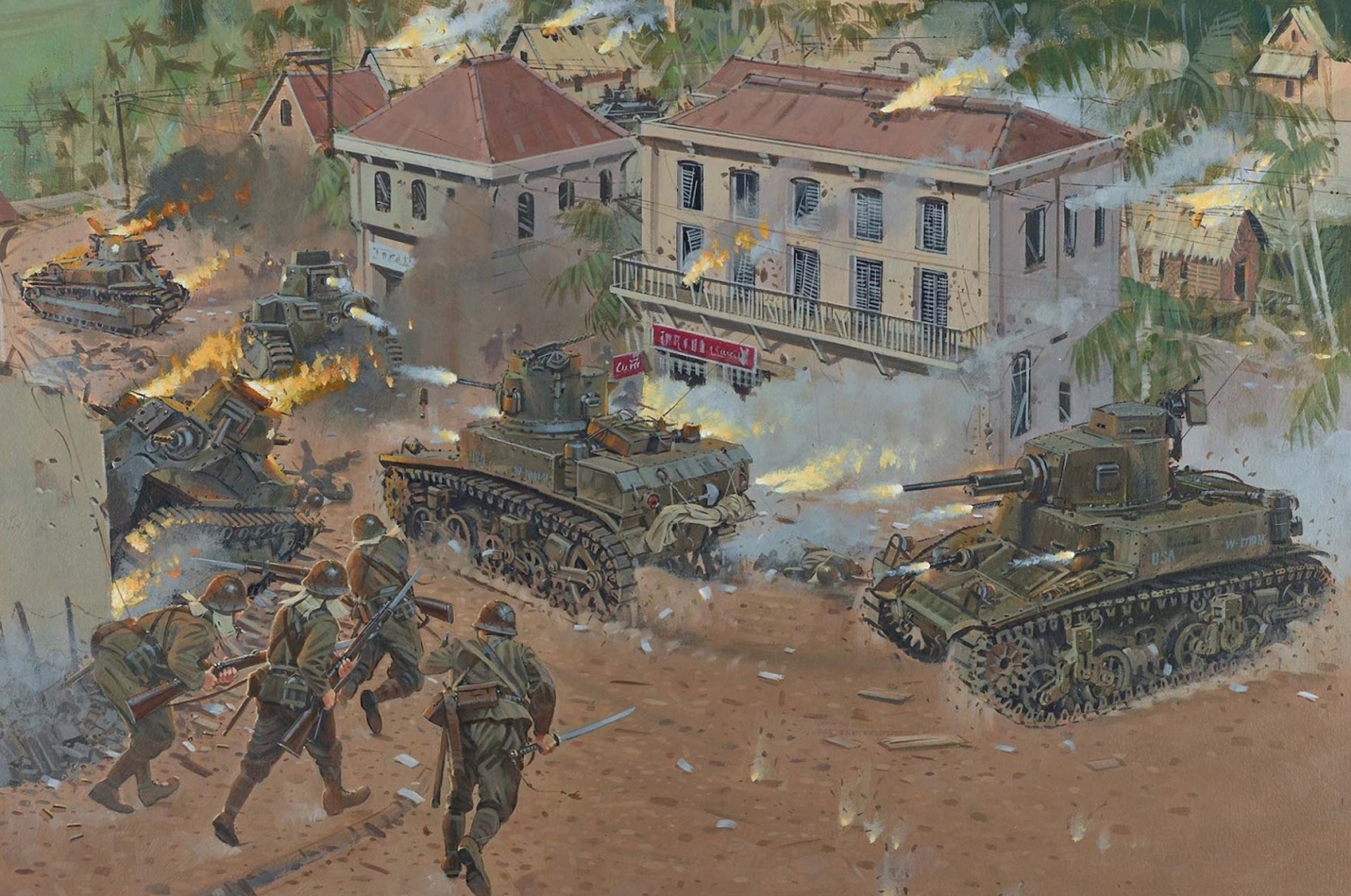 arte guerra caída filipinas batalla en ciudad san fernando calle japonés soldados tanques ardiendo americano ww2 figura