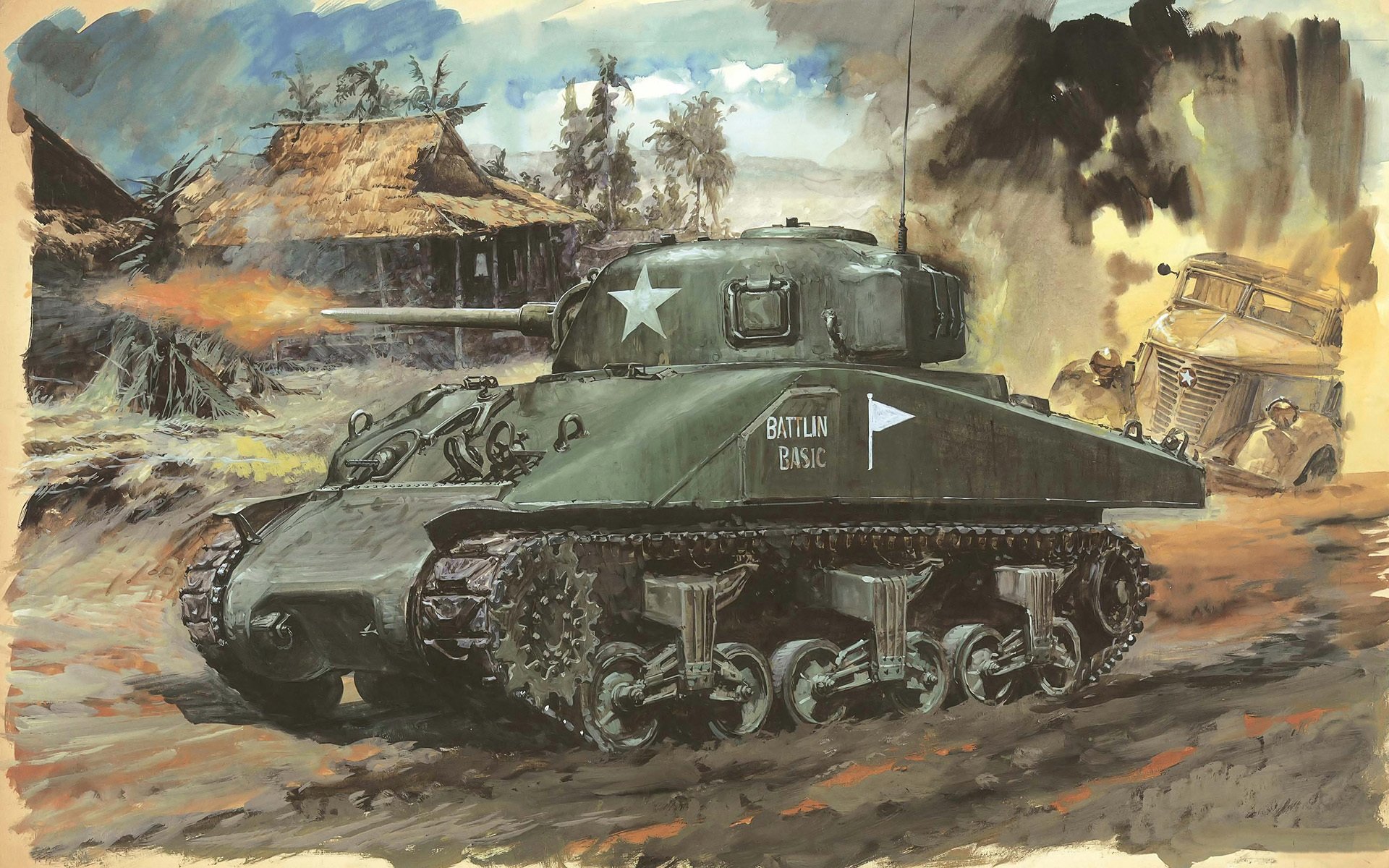 art drawing brushstrokes pencils tank sherman m4a1 basic american medium widely used in army on all theaters combat action battle pacific ocean ww2