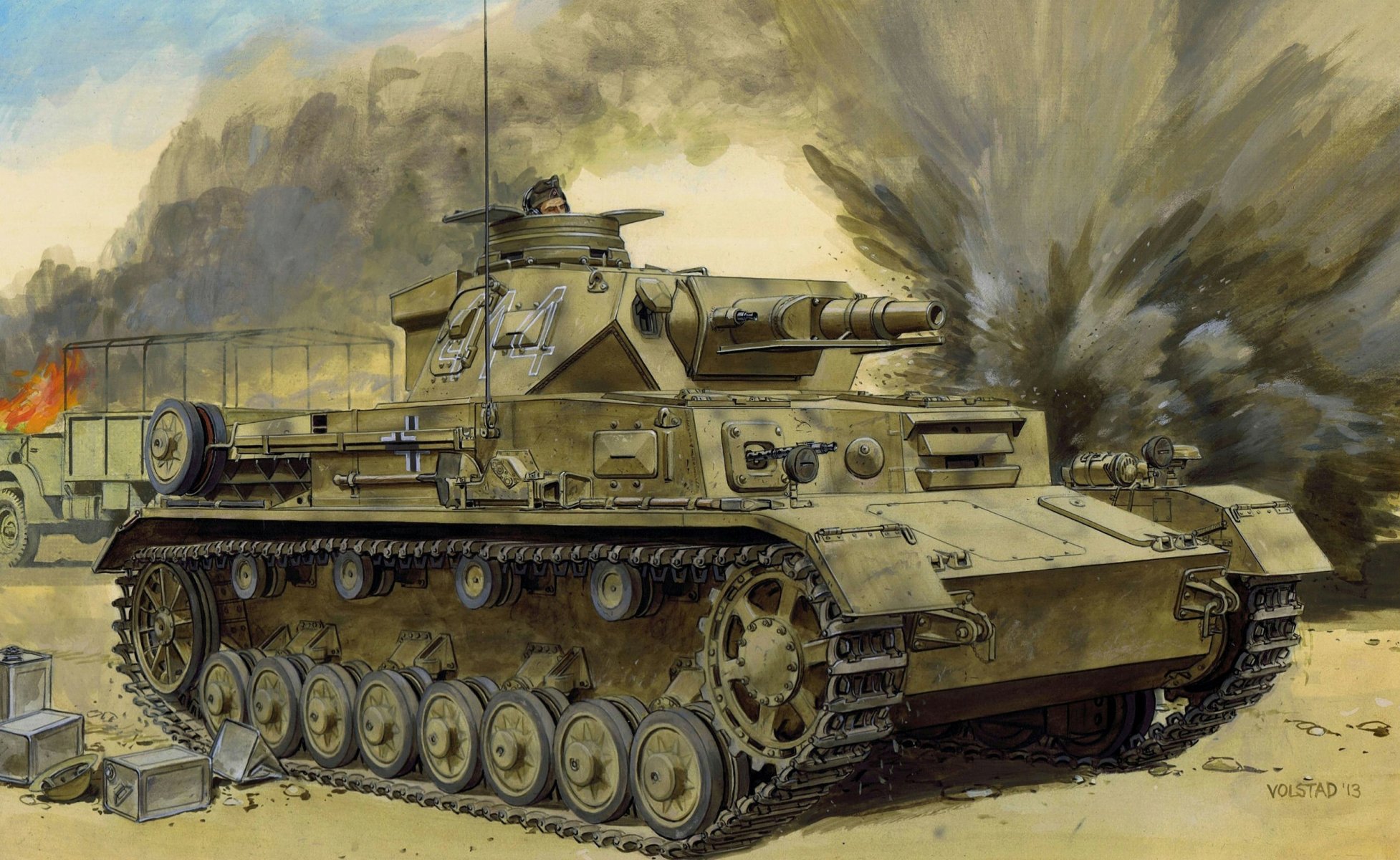 nord africa pz .kpfw . iv ausf . d anatra versione tropicale tedesco medio serbatoio versione tropicale corpo africano anatra petroliera auto strappi fumo fuoco seconda guerra mondiale figura