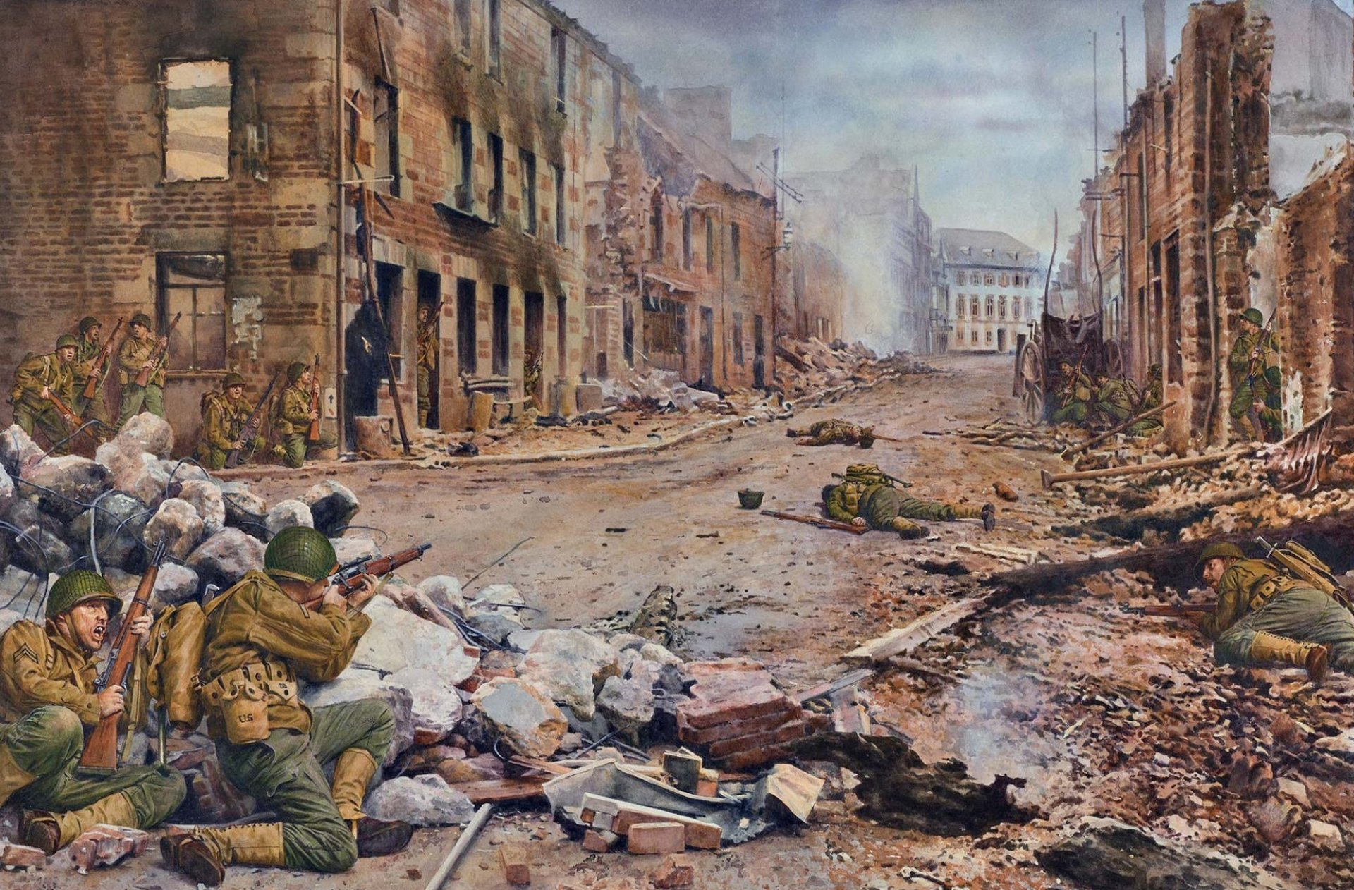 arte guerra francia città saint-lo street americano truppe soldati uniformi fucili m1903a3 e m1903a4 colpi fumo rovine ww2 figura