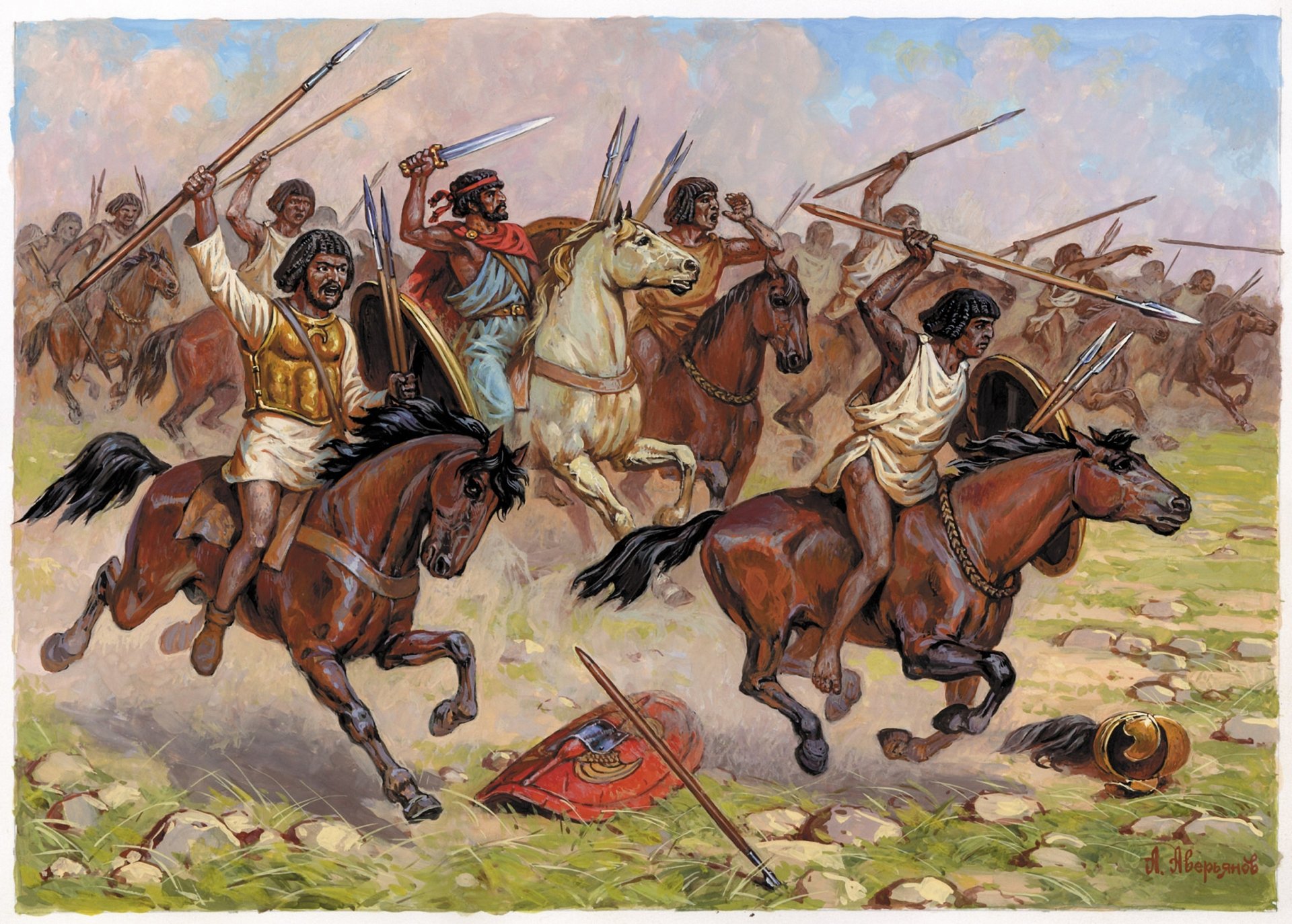 arte dibujo segunda guerra púnica batalla pr zama áfrica 19 de octubre 202 ac numidia caballería aníbal caballos espadas dardos grandes escudos