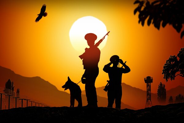 Dibujo gráfico de las siluetas de dos guardias fronterizos con un perro en el fondo del sol