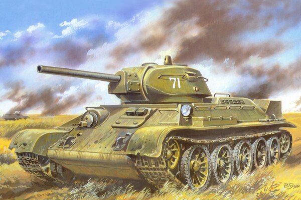 Drawing of a tank in a field with smoke