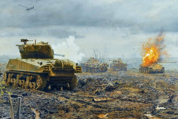 Battle of tanks on a burning field