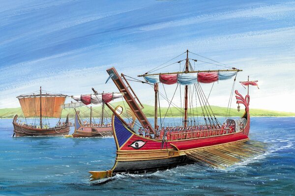 Drawing of a Roman trireme. Warship of the Roman Empire