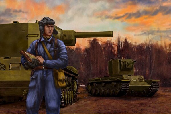 A commander with an army tablet on the background of a Soviet tank