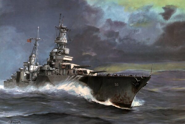 The US heavy cruiser sails on the waves