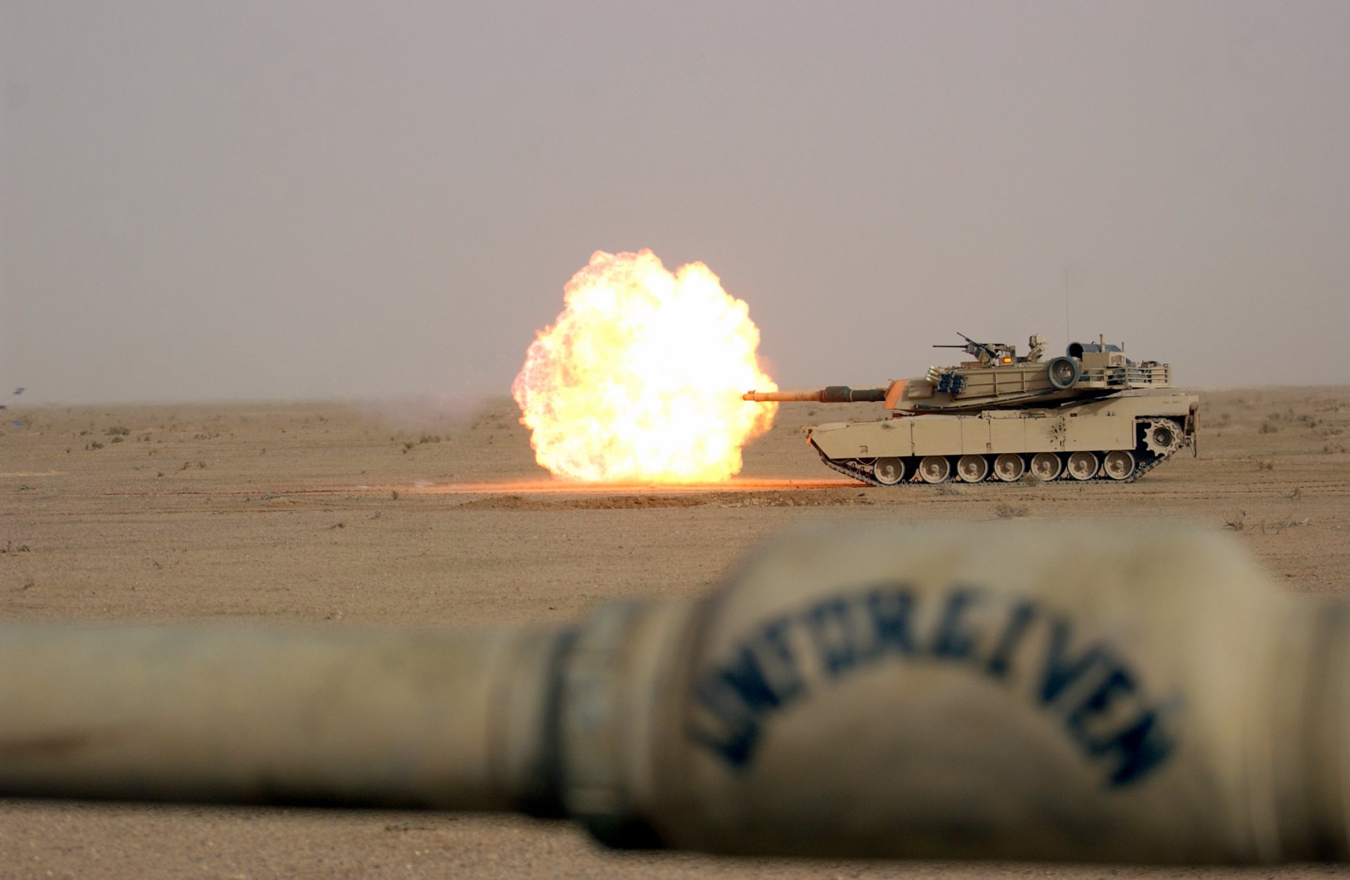 abrams tank m1a1 firing main gun weapon desert shot fire flame wallpaper