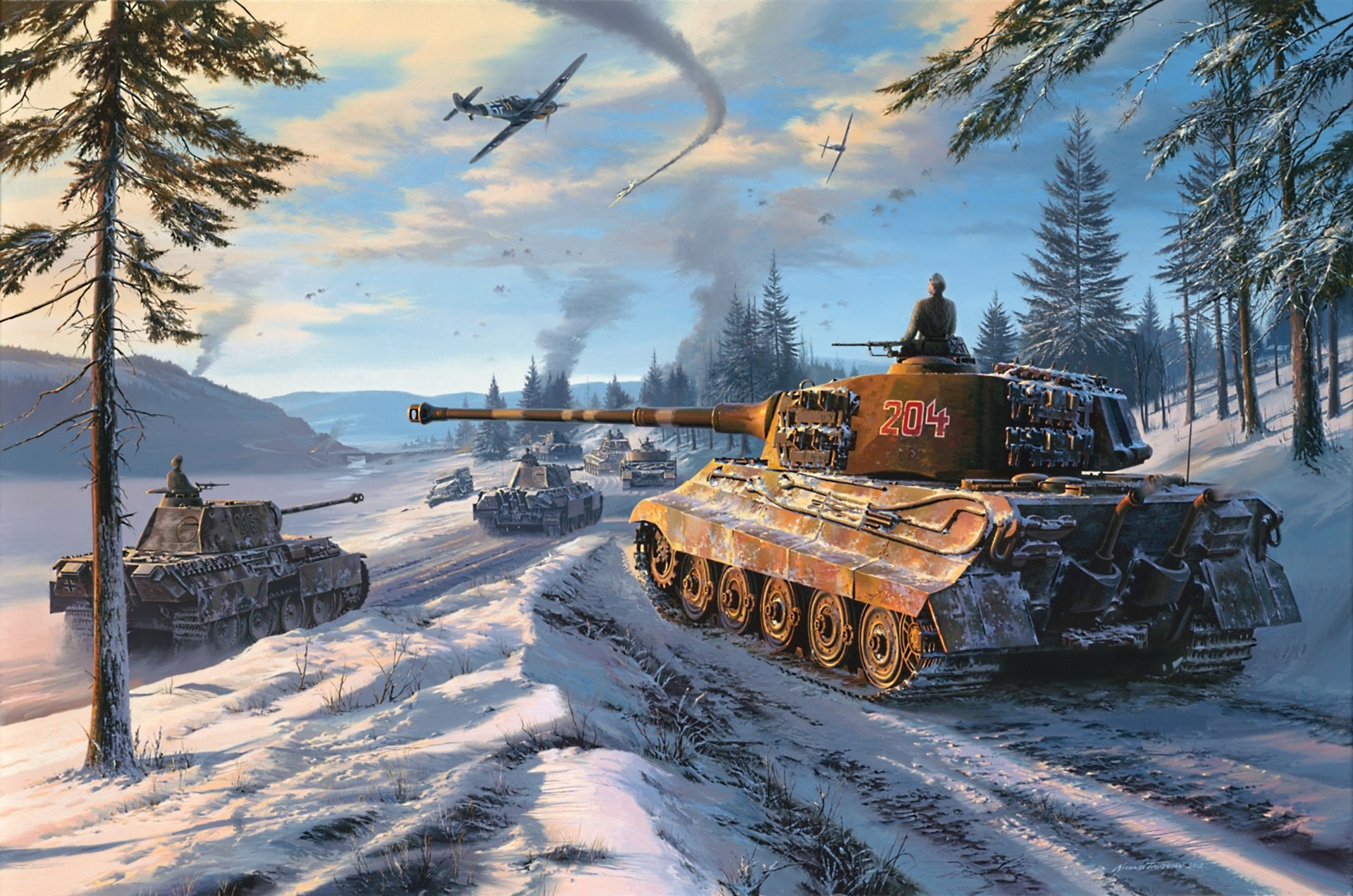 picture nicolas trudgian forest winter snow column sky planes messerschmitt bf.109 tanks medium tank panther sd.kfz. 171 pz.kpfw.v panther sd. kfz. 182 pzkpfw vi ausf. b tiger ii königstiger king tiger tiger 2 the second world war