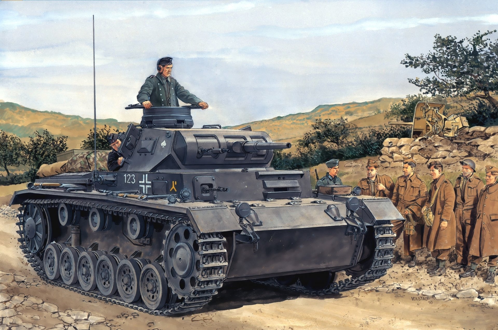 rysunek ron volstad żołnierze czołg średni panzer 3 panzerkampfwagen illinois pz.kpfw . iii ausf.f 2.pz.div 2 dywizja pancerna wehrmacht