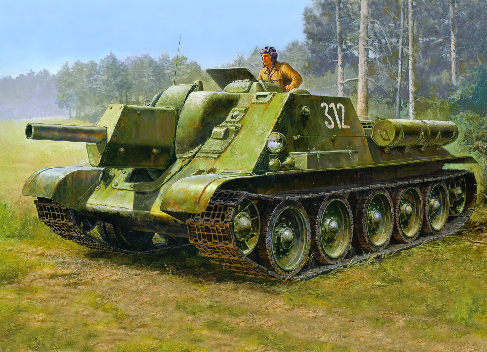 picture forest tanker self-propelled unit su-122 red army soviet union world