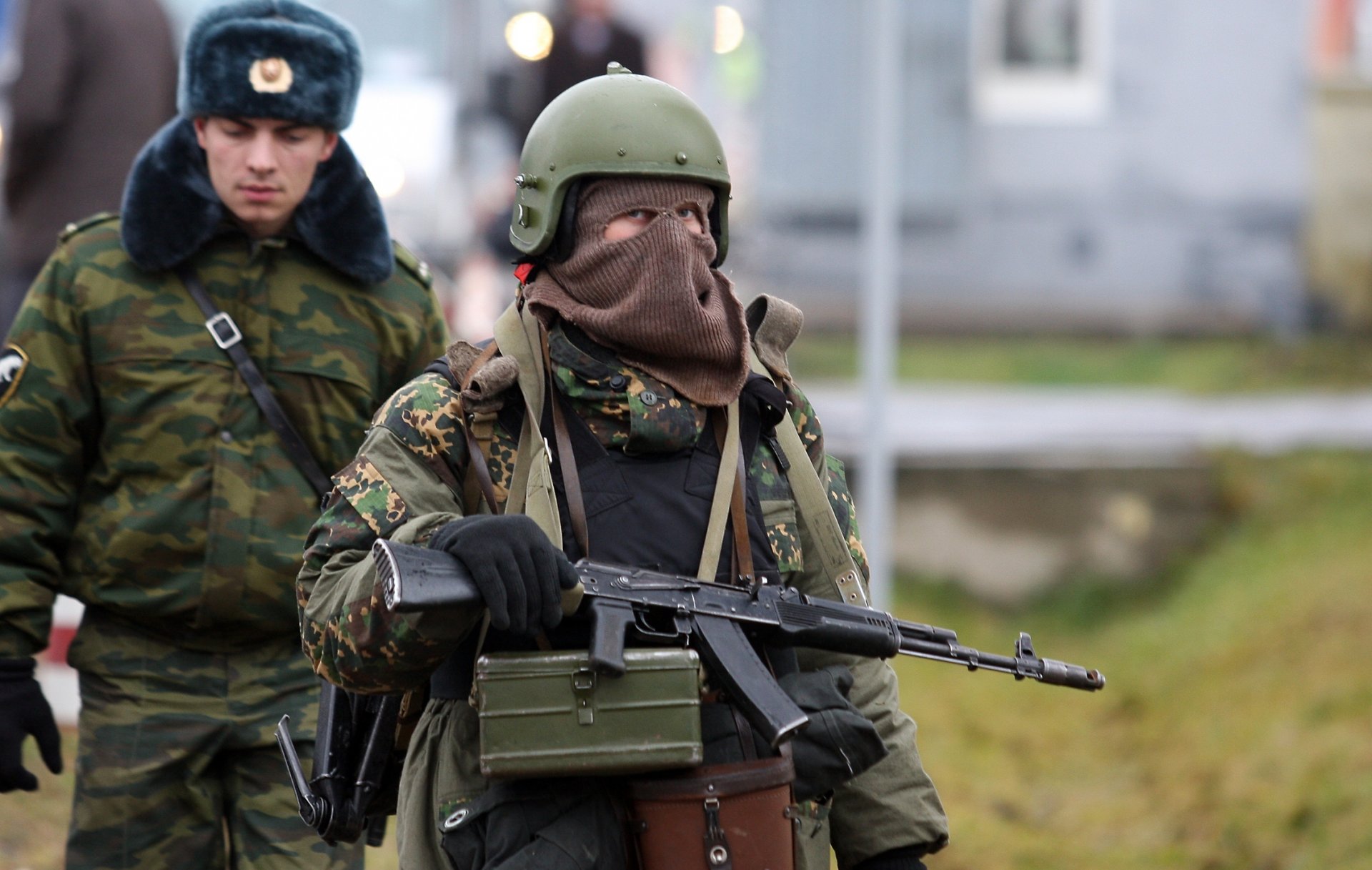 oldier military russian russian man machine gun kalashnikov weapon ak-74 camouflage ushanka hat mask special forces sphere helmet wallpaper